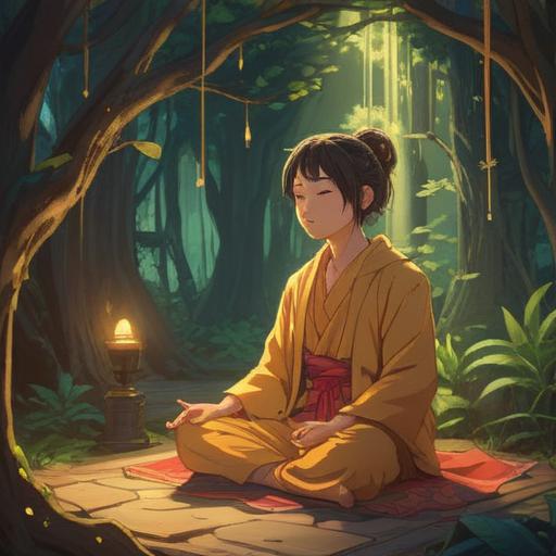 A spiritual illustration representing intuition during a job change, golden light illuminating a path ahead, a figure meditating with closed eyes surrounded by swirling energies, symbols of guidance and clarity in the air, serene nature backdrop, vibrant colors, ethereal atmosphere, 4k