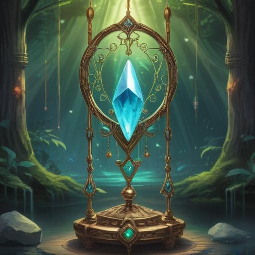 A mystical and inspirational illustration of a spiritual lucky item for successful job change, featuring a glowing crystal pendulum, surrounded by a serene aura, cascading sparkles of motivation, an open path leading to a bright future, symbols of prosperity and growth, calming color palette, harmonious atmosphere, detailed elements representing success, 4k