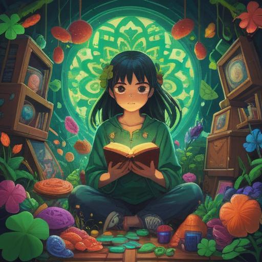 A serene illustration of a person surrounded by lucky items, vibrant colors, wellness symbols such as a four-leaf clover and a lucky cat, a calm atmosphere, bright sunlight filtering through trees, soft focus on the background, conveying hope and rejuvenation, 4k