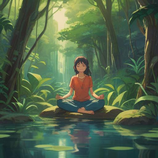 A serene illustration depicting a person meditating in a tranquil nature setting, surrounded by lush greenery and gentle flowing water, soft sunlight filtering through the trees, representing inner peace and balance, calming color palette, reflective mood, 4k