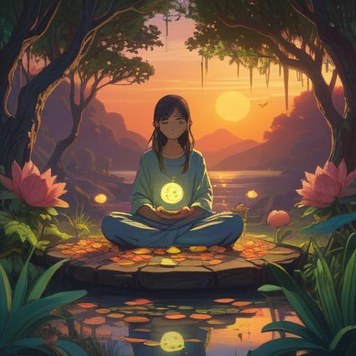 A serene scene depicting a person meditating in a tranquil nature setting, glowing light surrounding them, symbols of abundance like coins and plants, ethereal energy flows around, gentle breeze, peaceful expression, representing spiritual guidance and career success, harmonious colors, detailed background, positive energy, 4k