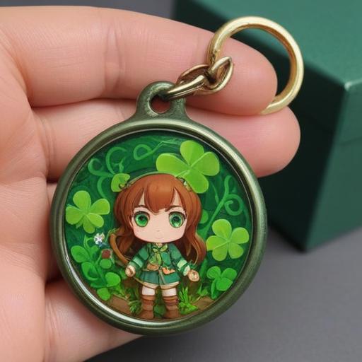 A lucky item that symbolizes opportunity during a job change, featuring a beautifully crafted four-leaf clover keychain, vibrant green hues, soft sunlight illuminating the scene, surrounded by motivational notes and a computer with job listings, an atmosphere of hope and excitement, 4k.