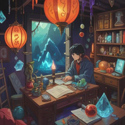 A spiritual scene illustrating a person overcoming obstacles in their job transition, surrounded by various lucky items such as crystals, talismans, and charms, soft lighting creating a hopeful atmosphere, the person radiating determination and positive energy, lush nature in the background symbolizing growth and new beginnings, 4k