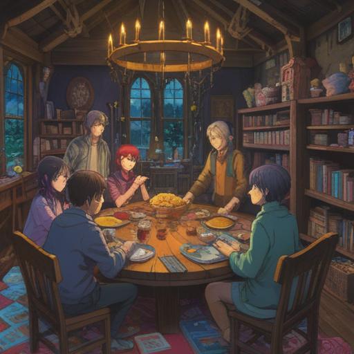 A harmonious scene depicting a diverse group of individuals engaged in collaborative activities, vibrant colors, gathering around a large table filled with materials, animated discussions, sharing ideas and notes, diverse expressions of enthusiasm and focus, sunny indoor environment, 4k