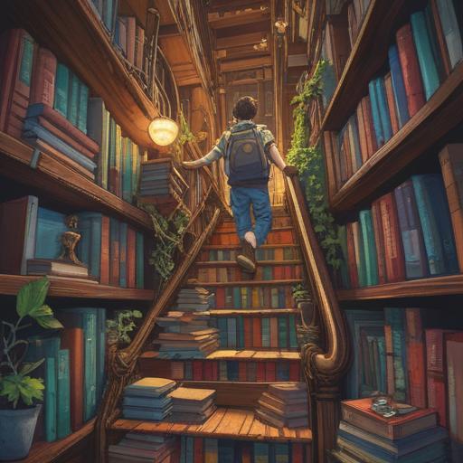 A motivational illustration depicting the journey of self-growth for a successful career change, showing a person climbing a staircase made of books and tools, each step symbolizing skill development and personal milestones, surrounded by inspiring quotes and vibrant plants representing growth, bright colors, dynamic composition, 4k