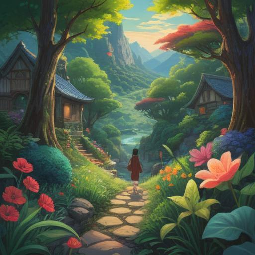 A serene landscape depicting a person discovering a new environment, surrounded by lush greenery and vibrant flowers, an inviting path leading to unexplored areas, the sun shining brightly in a clear blue sky, symbols of luck such as four-leaf clovers and lucky charms subtly integrated into the scenery, a sense of hope and opportunity, 4k resolution