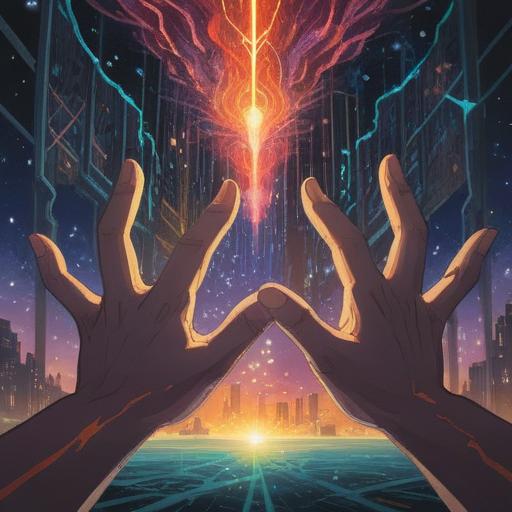 A spiritual representation of career change, intertwined hands symbolizing connections, glowing energy radiating from the hands, abstract light patterns, serene and uplifting environment, ethereal elements representing growth and opportunity, gentle color palette, harmonious composition, 4k