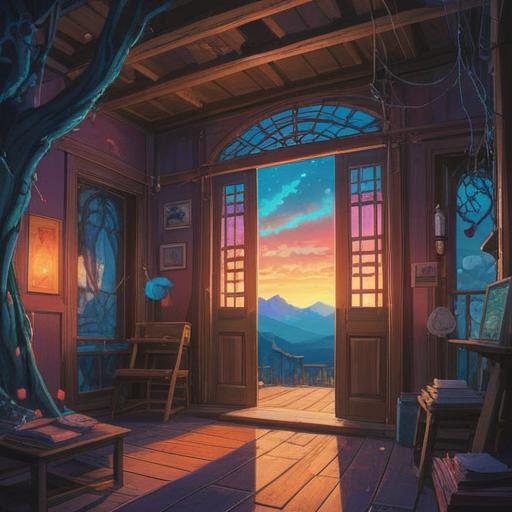 A mystical illustration of career transition, spiritual signs in the environment, open doors symbolizing new opportunities, celestial elements guiding the way, vibrant aura surrounding the characters, nature intertwined with urban life, intricate details in the surroundings, harmonious blend of light and shadow, 4k