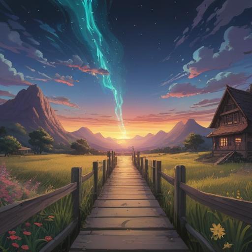 A serene landscape illustration representing spiritual signs during job change or relocation, a luminous guiding light in the distance, subtle symbols of transition like butterflies and shooting stars, a calm and reflective atmosphere, soft pastel colors, gentle flowing river, lush greenery, indicating growth and new beginnings, 4k