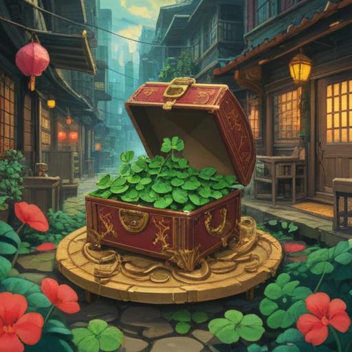 A vibrant illustration of lucky items for enhancing fortune during job changes and relocations, featuring a four-leaf clover, a golden key, a small house symbolizing a new home, a lucky cat figurine, and a compass suggesting new directions, all set against a backdrop of a bright blue sky and blossoming flowers, conveying hope and positivity, 4k