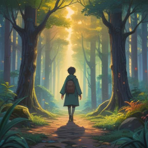 A serene and contemplative scene depicting a person standing at a crossroads, gentle light filtering through trees, symbolic signs indicating new opportunities, ethereal energy surrounding them, reflections of past experiences in the air, a sense of spiritual awakening and guidance, tranquil atmosphere, 4k