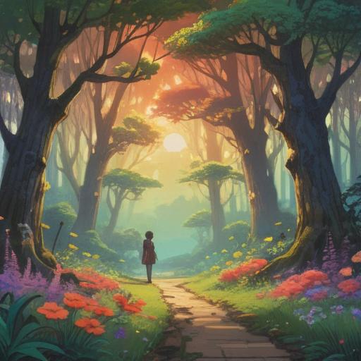 A serene nature scene representing career change as a positive sign, ethereal light filtering through trees, vibrant flowers symbolizing new beginnings, a clear path winding forward, gentle breeze suggesting freedom, mystical aura, harmonious colors, inspiration and growth, 4k