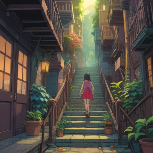 A hopeful scene depicting a person climbing a staircase labeled with various career goals, vibrant colors, motivational phrases on each step, a sunny background symbolizing new beginnings, confident demeanor, achieving dreams, urban setting, 4k