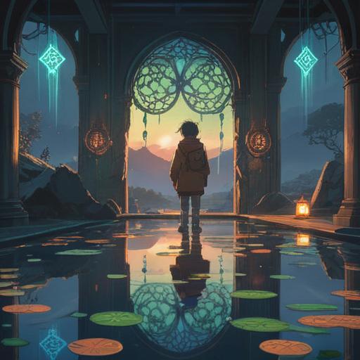 A serene and reflective scene, a person looking at their reflection in water, surrounded by glowing symbols of guidance, ethereal light shining through trees, a path leading towards a brighter horizon, calming colors, peaceful atmosphere, spiritual elements subtly integrated, uplifting vibe, 4k