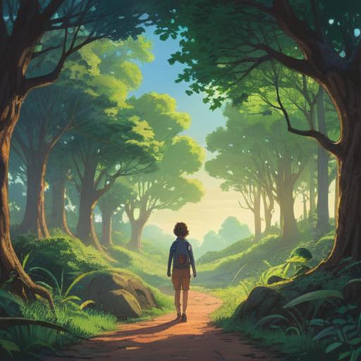 A serene landscape depicting a person standing at a crossroads, symbols of new beginnings and transitions surrounding them, gentle sunlight filtering through trees, a sense of spiritual growth and exploration, visual metaphors of movement and change, warm and inviting colors, harmonious balance, 4k