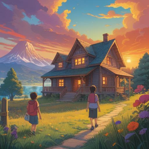 A serene landscape depicting a family moving to a new home, symbolic elements representing spiritual signs, vibrant sunsets reflecting hope, nature surrounding the house, joyful expressions on the family's faces, connections with the universe, ethereal light glowing, harmonious atmosphere, 4k