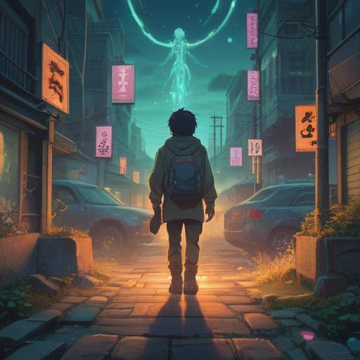 A serene illustration depicting a person standing at a crossroads, symbolic signs glowing softly in the surroundings, ethereal light illuminating the path ahead, a suitcase by their side representing moving and change, mystical symbols in the sky conveying spiritual guidance, tranquil landscape in the background, foresight and introspection, warm and inviting colors, 4k