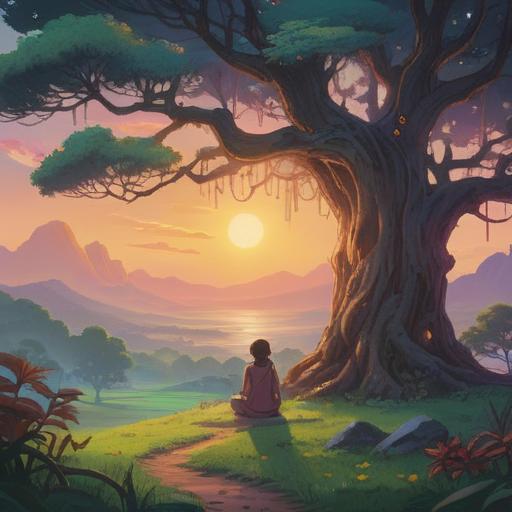 A serene landscape depicting the concept of knowing one's destiny, ethereal light illuminating a path, a figure meditating under a tree, symbolic elements like stars and spirals in the background, tranquil atmosphere, harmonious colors, deep spiritual significance, mystical energy, 4k