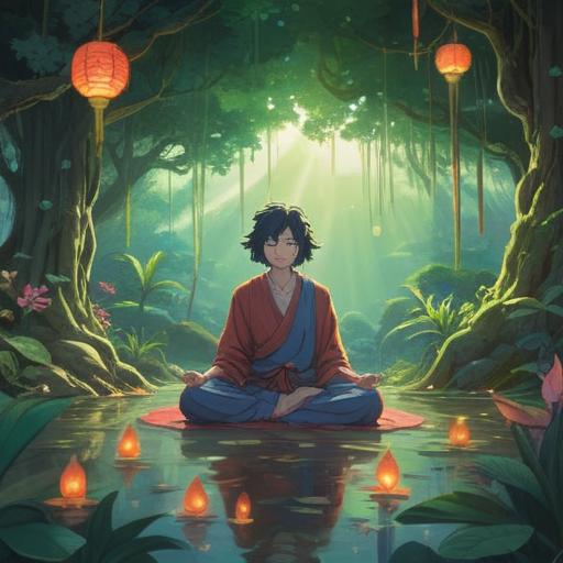 A serene landscape depicting a person in meditation, surrounded by ethereal light, symbols of enlightenment floating in the air, peaceful aura, lush greenery, gentle stream flowing nearby, vibrant sun rays breaking through the trees, a sense of connection with the universe, tranquility and spiritual awakening, 4k