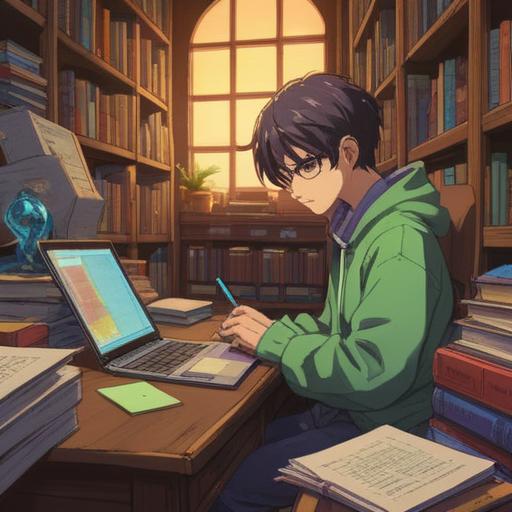 A comprehensive illustration of a person reviewing notes and documents, surrounded by stacks of books, a laptop on a desk, colorful sticky notes plastered on walls, a chalkboard filled with ideas, motivated expressions, organized chaos, warm lighting, 4k