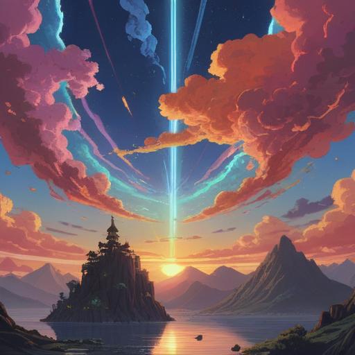 A mystical representation of the sky splitting open, celestial light pouring through, symbolic of spiritual awakening, vibrant colors blending seamlessly, ethereal beings emerging from the light, serene atmosphere, enchanting landscape, surrounded by ancient trees and flowing rivers, 4k