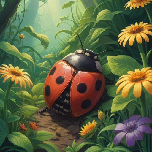 A vivid illustration of a ladybug appearing in a garden, highlighting signs of nearby environmental changes, lush green plants, a close-up on the ladybug with intricate detailing, subtle hints of weather shifts such as darkening clouds and leaf movements, balanced composition, clear visibility of the garden's ecosystem, 4k