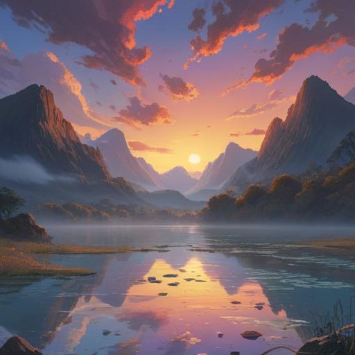 A serene landscape at dawn, ethereal light breaking through the clouds, a radiant beam shining down onto a tranquil lake, symbolic representations of spiritual signs, soft glowing orbs floating in the air, lush greenery surrounding the scene, calming atmosphere, sense of guidance and enlightenment, 4k