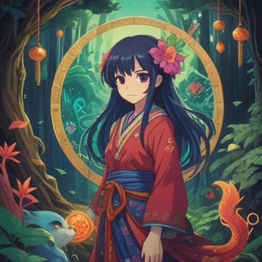 A serene and mystical scene depicting lucky symbols guiding a figure towards enlightenment, vibrant colors, intricate detailing of the symbols such as four-leaf clovers, horseshoes, and lucky coins, a tranquil path leading through a lush forest, soft light filtering through the trees, an atmosphere of hope and positivity, a figure in a meditative pose, 4k