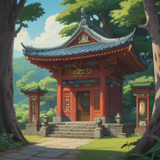A serene and tranquil illustration of the Amaterasu Shrine, spiritual essence, traditional Japanese architecture, surrounded by lush nature, sacred atmosphere, warm sunlight filtering through trees, people engaging in prayer and reflection, peaceful meditation, vibrant colors, harmony with nature, 4k
