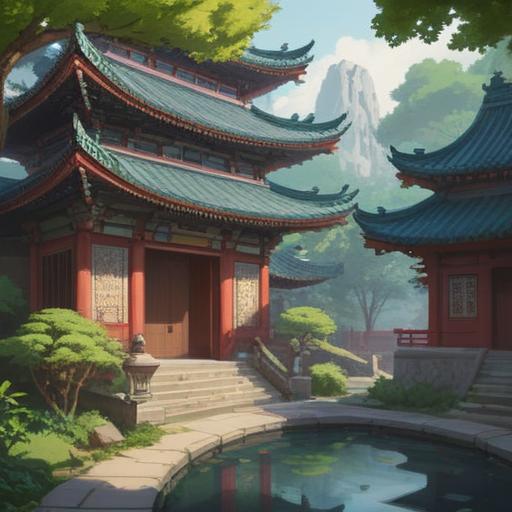 A serene shrine setting, Tianjin Shinmeigu featuring traditional architecture, lush greenery surrounding the temple, an aura of tranquility, soft sunlight filtering through the trees, people meditating and reflecting, elements of spirituality and harmony, a sense of divine connection, peaceful atmosphere, 4k