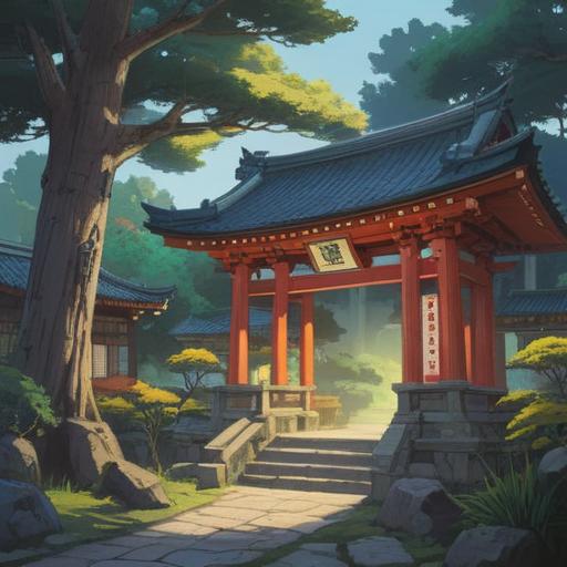 A serene and mystical scene at the entrance of tenshin shinmeigu, ancient trees surrounding the shrine, subtle light filtering through the foliage, a gentle breeze carrying whispers of spirits, visitors pausing in reflection, small animal figures symbolizing spiritual guidance, intricate shrine architecture, atmospheric mist enhancing the sacred ambiance, vibrant colors of nature, 4k