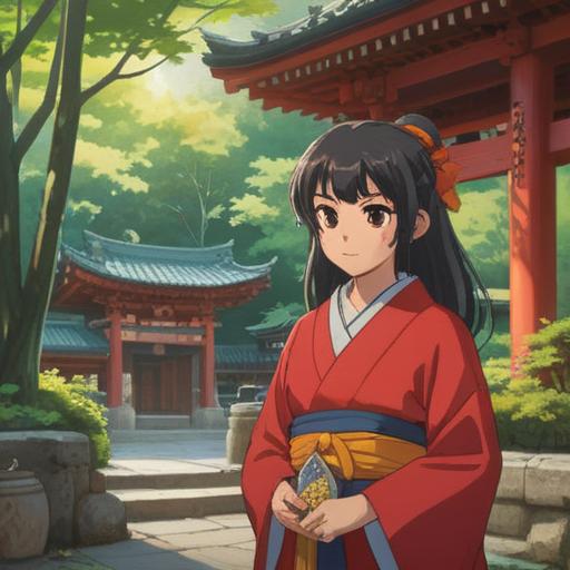 A serene image of a visitor at the Tenshin Shrine, holding a charming lucky item, sunlight filtering through the trees, traditional Japanese architecture in the background, soft cherry blossoms in bloom, peaceful ambiance, joyous expression, 4k