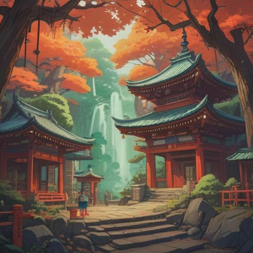 A serene scene at Tenshikami Shrine, featuring visitors engaging in spiritual rituals, vibrant greenery surrounding the shrine, detailed traditional architecture, cultural elements like offerings and prayer plaques, a sense of tranquility and connection with nature, soft sunlight filtering through the trees, 4k