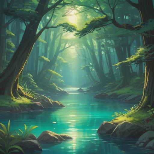 A serene landscape depicting a natural spring, crystal-clear water flowing gently, surrounded by lush greenery, ethereal light filtering through the trees, spiritual symbols subtly integrated in the scenery, calming atmosphere, inviting reflection, tranquility and harmony, 4k