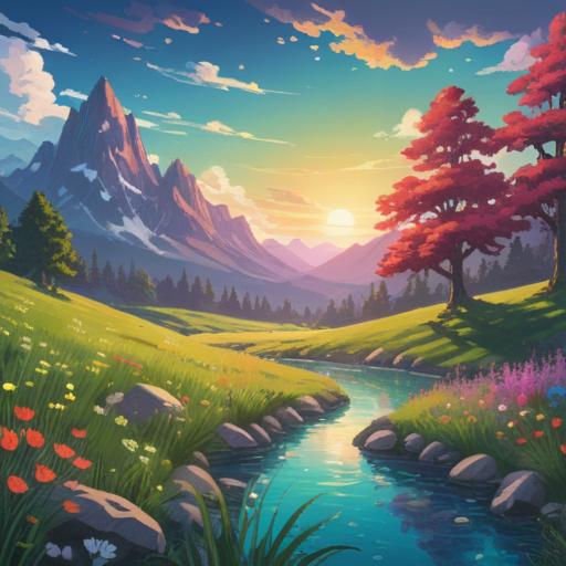 A vibrant and hopeful illustration of a lush landscape, sparkling natural springs flowing through a colorful meadow, crystal clear water reflecting the bright sky, diverse flora and fauna thriving, a sense of harmony and balance, people joyfully interacting with nature, conveying the power of natural water, bright colors, uplifting atmosphere, pristine and serene environment, 4k