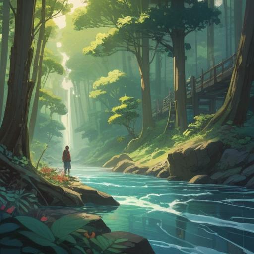 A serene and tranquil landscape, showcasing a person surrounded by nature, soft sunlight filtering through the trees, gentle flowing water nearby, the individual exhibiting a natural, peaceful aura, elements symbolizing spirituality such as feathers and crystals, ethereal light effects, harmonious blend of colors, 4k