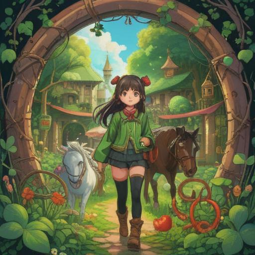 A whimsical illustration of a cheerful natural person interacting with friends, surrounded by lucky items like four-leaf clovers, horseshoes, and lucky coins, vibrant colors, lively atmosphere, joyful expressions, detailed scene with nature elements, 4k