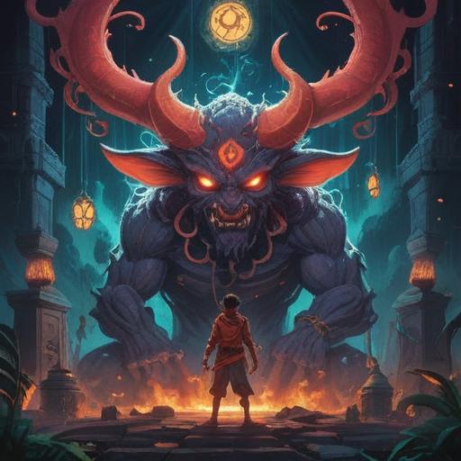 A mystical scene depicting a tenacious demon, surrounded by vibrant, glowing symbols of spirituality, ethereal lights illuminating the environment, serene nature in the background, a subtle connection to ancient wisdom, enchanting atmosphere, harmonious colors, intricate details reflecting spiritual signs, 4k