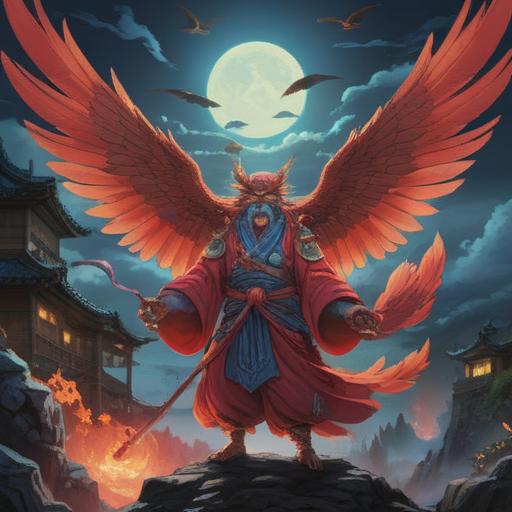 A mystical scene depicting the emergence of a tengu, spiritual signs illuminating the atmosphere, ethereal glow surrounding the tengu, traditional Japanese elements, cherry blossoms swirling in the wind, serene yet ominous ambiance, subtle hints of ancient folklore, vibrant colors, 4k