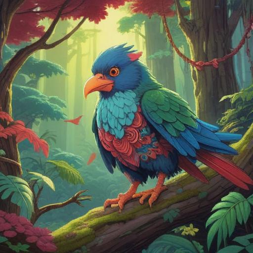 A whimsical illustration of a mischievous tengu, playful interactions, charming forest setting, lucky charm elements, vibrant colors, bright sunlight filtering through leaves, characters sharing a moment of friendship, magical atmosphere, enchanting details, 4k