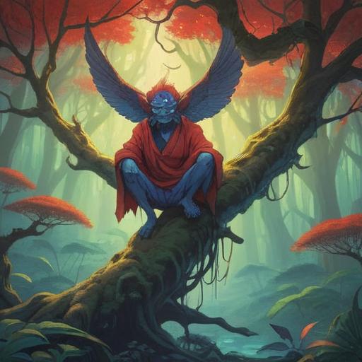 A mystical journey of self-discovery, featuring a mischievous tengu spirit, vibrant forest setting filled with ancient trees, ethereal light filtering through the leaves, a lone traveler deep in thought, harmonious connection between man and spirit, symbolic elements of growth and awareness, serene yet enchanting atmosphere, 4k