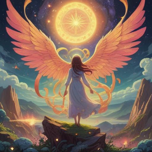 A celestial illustration of angelic beings, radiant light illuminating their ethereal forms, harmonious balance of spirituality and nature, symbols of hope and guidance, surrounded by a serene landscape, heavenly aura, intricate details, vibrant colors, uplifting energy, 4k