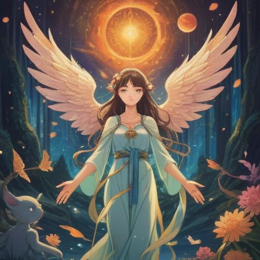A serene illustration of angelic beings, glowing softly, surrounded by ethereal light, symbolizing spiritual guidance, gentle expressions, celestial background with soft clouds and stars, harmonious colors, conveying peace and positivity, intricate details in wings and attire, 4k