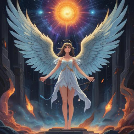 A serene scene depicting a celestial angel interacting with humans, ethereal light radiating around, symbolic spiritual signs such as feathers and glowing orbs, a tranquil environment with soft clouds, an aura of protection and guidance, individuals experiencing moments of insight, harmonious color palette, 4k
