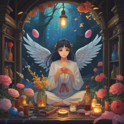 A serene and ethereal scene, vibrant colors, angelic figures surrounded by fragrant flowers, soft glowing light emanating from essential oil bottles, wisps of aromatic smoke intertwining with celestial beings, peaceful atmosphere, mystical connection with nature, spiritual harmony, 4k