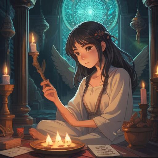 A special ritual for deepening communication with angels, ethereal light surrounding participants, intricate symbols and candles, serene atmosphere, people in meditative poses, celestial imagery in the background, soft glowing orbs, peaceful harmony, 4k