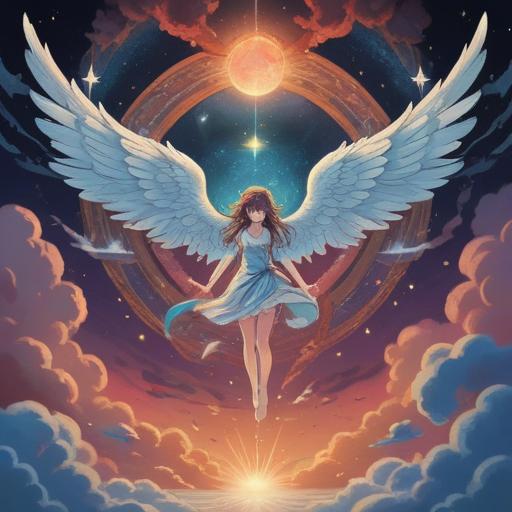 A celestial illustration of an angelic realm, featuring ethereal beings with radiant wings, surrounded by heavenly clouds and shimmering light, symbols of spirituality like auras and halos, serene atmosphere, harmonious colors, mystical landscapes, divine presence, 4k