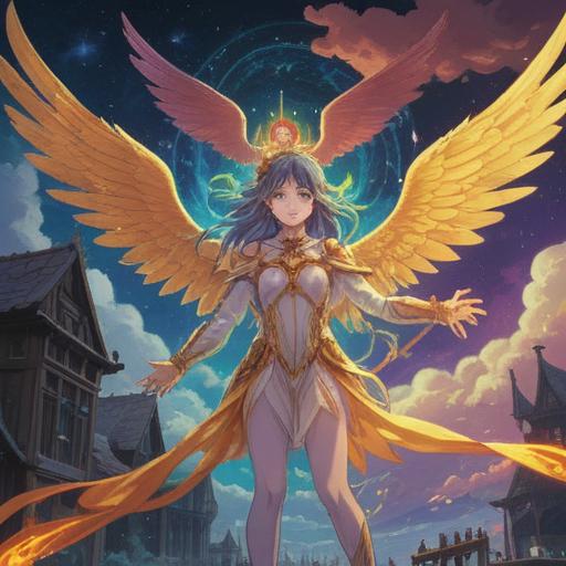 A mystical scene representing spiritual signs from the angelic realm, radiant light beams descending from the heavens, ethereal angels surrounded by shimmering orbs, intricate patterns of divine symbols in the sky, serene atmosphere, vibrant colors, detailed celestial background, tranquil energy, 4k