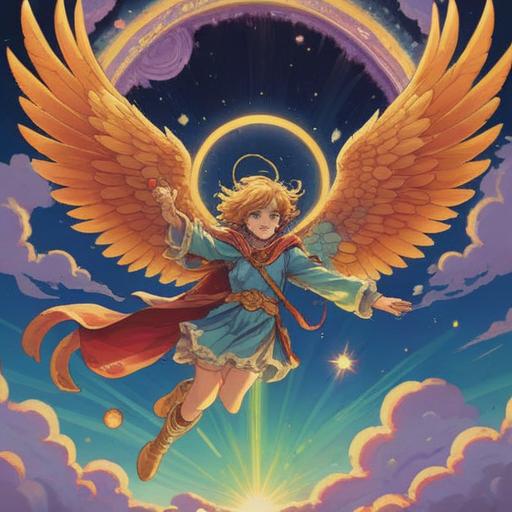 A mystical scene depicting a guardian angel descending from the heavens, radiant light illuminating a glowing lucky charm, intricate celestial patterns surrounding the charm, soft clouds and ethereal colors, serene atmosphere, the connection to the angelic realm emphasized, enchanting details in the background, symbolizing hope and positivity, 4k