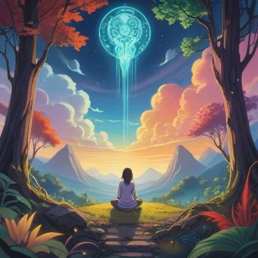 A serene scene depicting a spiritual practice, angelic figures gently guiding a person in meditation, soft ethereal light surrounding them, vibrant nature background with blooming flowers and trees, a sense of peace and connection, divine energy flowing, peaceful expressions, harmonious atmosphere, 4k